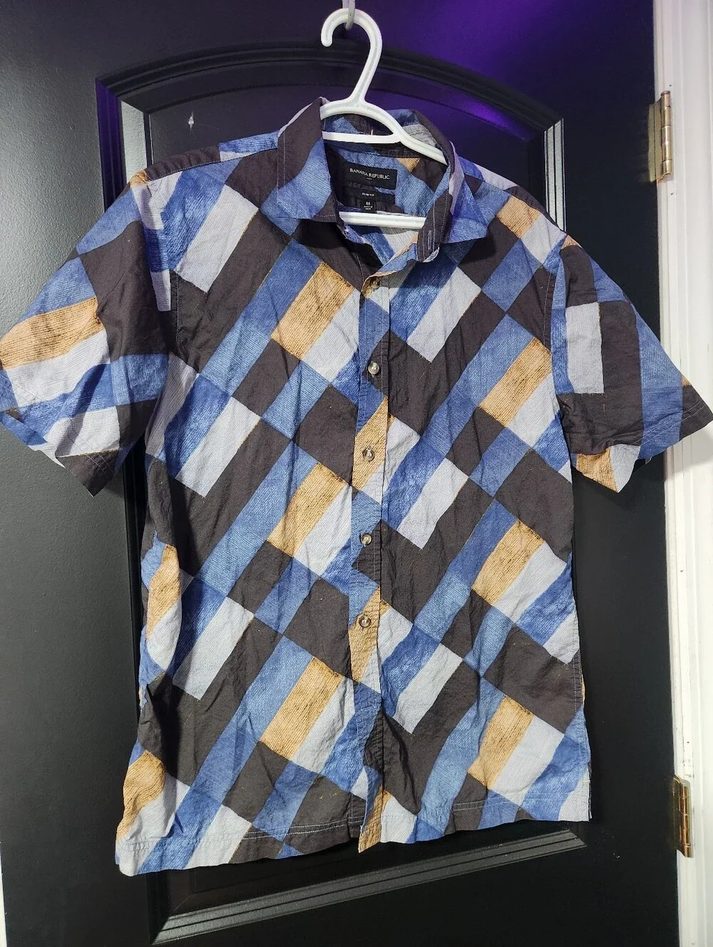 Banana Republic Mens  Blue & Brown Short-Sleeve Geometric Shirt